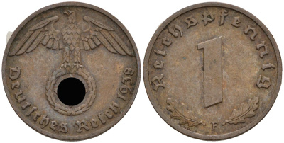 Германия 1 рейхспфенниг 1938 F KM 89, J 361 бронза 4136-1163