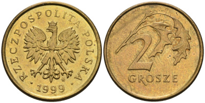 Польша 2 гроша 1999 MW KM 277, Parchimowicz 702f латунь 4580-521
