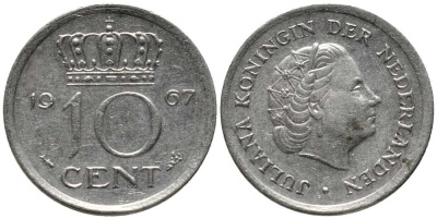 НИДЕРЛАНДЫ 10 ЦЕНТОВ 1967 ЮЛИАНА KM 182 никель 112-732