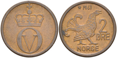 НОРВЕГИЯ 2 ЭРЕ 1961 КУРИЦА, ОЛАФ V (1957-1991) KM 410 бронза 98-726