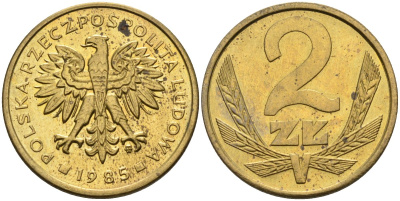 Польша 2 злотых 1985 MW, Народная Республика KM 80.1, Parchimowicz 217l латунь UNC 4580-752