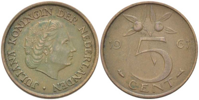 НИДЕРЛАНДЫ 5 ЦЕНТОВ 1961 ЮЛИАНА (1948-1980) KM 181 бронза 213-1033