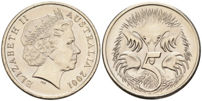 Австралия 5 центов 2001 Елизавета II (1952-2022), ехидна KM 401 медно-никель UNC 4588-1025