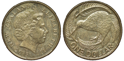 Новая Зеландия 1 доллар 2013 Елизавета II (1952-2022), птица киви  KM 120 алюминиевая бронза 62-1236