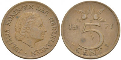 НИДЕРЛАНДЫ 5 ЦЕНТОВ 1971 ЮЛИАНА KM 181 бронза 214-824