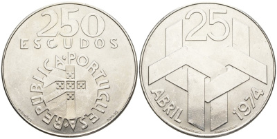 Португалия 250 эскудо 1976 Революция гвоздик 25 апреля 1974 года KM 604 серебро UNC 4558-413