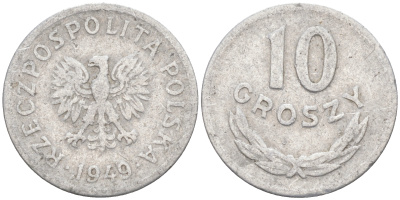 ПОЛЬША 10 ГРОШЕЙ 1949 KM 42а алюминий 187-911