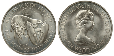 Джерси 2 1/2 фунта (2 фунта 50 пенсов) 1972 25 лет свадьбе Королевы Елизаветы II и Принца Филиппа KM 38 серебро BU 1081-9-42