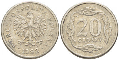 ПОЛЬША 20 ГРОШЕЙ 1992 MW KM 280 медно-никель 112-1249