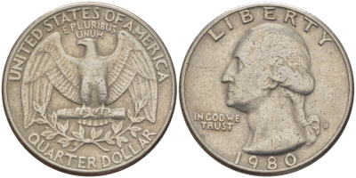 США 25 центов (квотер) 1980 D, Вашингтон KM А164а медь плакированная медно-никелем 31-734