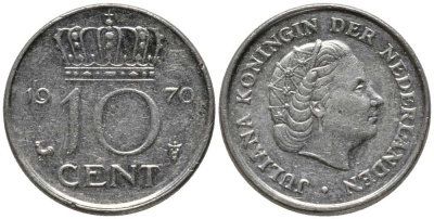 Нидерланды 10 центов 1970 Юлиана (1948-1980) KM 182 никель 112-729