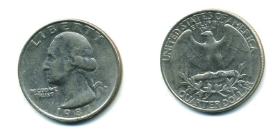 США 25 ЦЕНТОВ = КВОТЕР 1987 P, ВАШИНГТОН KM А164а медь плакированная медно-никелем 59-2036