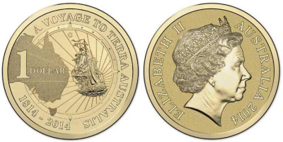 Австралия 1 доллар 2014 200 лет путешествию к неведомой земле (открытие Австралии), парусник KM 2162 алюминиевая бронза UNC M46-03