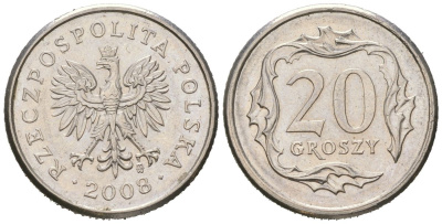 Польша 20 грошей 2008 KM 280 медно-никель UNC 4383-113