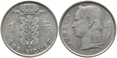 БЕЛЬГИЯ 1 ФРАНК 1980 BELGIQUE KM 142.1 медно-никель 65-1134