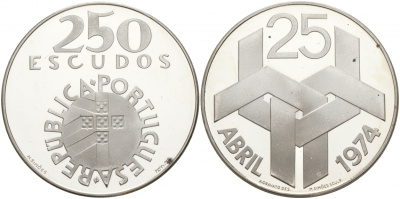 Португалия 250 эскудо 1976 Революция гвоздик 25 апреля 1974 года KM 604 a серебро PROOF 1088-9-51