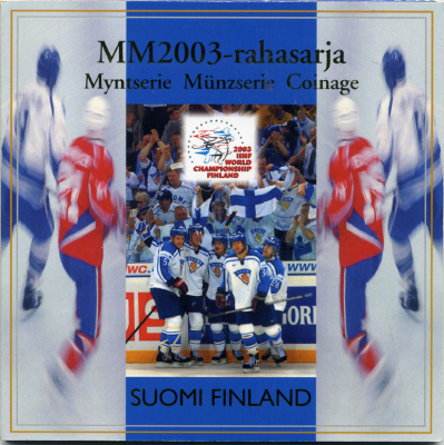 Финляндия евронабор из 8 монет 2003 Чемпионат мира по хоккею с шайбой, официальный набор в оригинальном буклете UNC 5-6-2-19