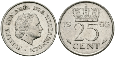 Нидерланды 25 центов 1965 Юлиана (1949-1980) KM 183 никель 96-159