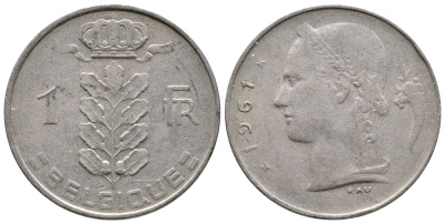 БЕЛЬГИЯ 1 ФРАНК 1961 BELGIQUE KM 142.1 медно-никель 4382-955