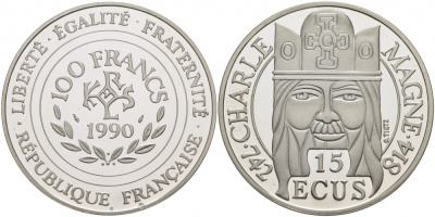 Франция 100 франков - 15 экю 1990 Карл I Великий (742-814) KM 989 серебро PROOF 01-173-25
