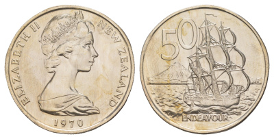 Новая Зеландия 50 центов 1970 Елизавета II (1952-2022), парусник Индевор, тираж 30.000 экземпляров KM 37 медно-никель BU 84-733