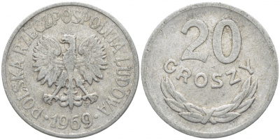 ПОЛЬША 20 ГРОШЕЙ 1969 MW KM А47 алюминий 4448-425