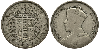 Новая Зеландия 1/2 кроны 1934 Георг V (1910-1936) KM 5 серебро 272-721