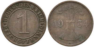 Германия 1 рейхспфенниг 1934 A KM 37, J. 313 бронза 4189-1228