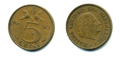 НИДЕРЛАНДЫ 5 ЦЕНТОВ 1960 ЮЛИАНА KM 181 бронза 76-424