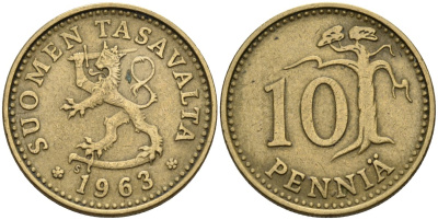 Финляндия 10 пенни 1963 KM 46 алюминиевая бронза 4585-928