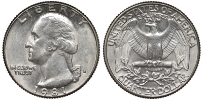 США 25 ЦЕНТОВ = КВОТЕР 1981 D, ВАШИНГТОН KM А164а медь покрытая медно-никелем 72-352