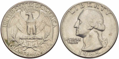 США 25 центов (квотер) 1965 Вашингтон KM 164а медь плакированная медно-никелем 4364-2352
