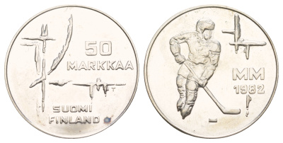 Финляндия 50 марок 1982 K-T, чемпионат мира по хоккею KM 60 серебро BU 4537-513