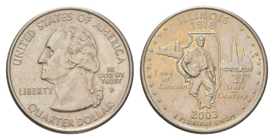 США 25 центов (квотер, 1/4 доллара) 2003 P, Квотер штата Иллинойс KM 343 медь плакированный медно-никелем UNC 4628-1235
