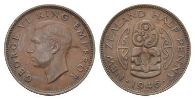 Новая Зеландия 1/2 пенни 1946 Георг VI (1936-1952), божество Хей-Тики KM 12 бронза 89-1512