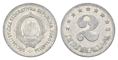 Югославия 2 динара 1963 год-тип KM 37 алюминий 4660-452