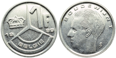 БЕЛЬГИЯ 1 ФРАНК 1989 BELGIE KM 171 железо плакированное никелем 3999-1169
