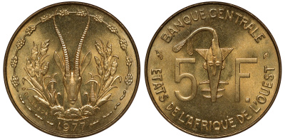 Западно-Африканские штаты 5 франков 1977 KM 2a алюминий никель бронза UNC M52-17