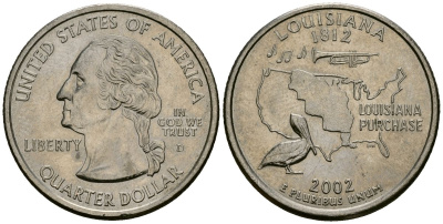 США 25 центов = квотер 2002 D, серия штаты США, Луизиана KM 333 медь плакированный медно-никелем 4138-1014