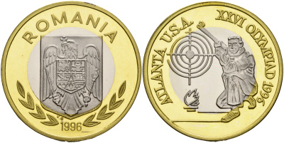Румыния 100 леев 1996 XXVI Олимпийские игры 1996 года в Атланте, 100 лет Олимпийскому движению, стрельба, пробный выпуск  биметалл  PROOF  11-236-45