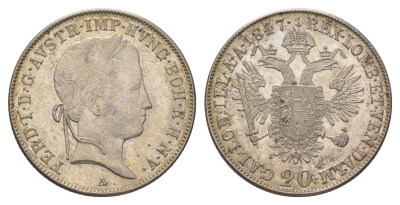 Австрия 20 крейцеров 1847 A, Фердинанд I (1835-1848) KM 2208 серебро aUNC 3896-721