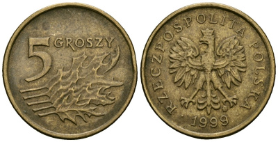 Польша 5 грошей 1999 MW KM 278, Parchimowicz 703f латунь 4136-812