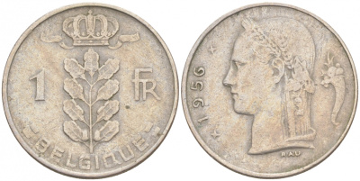 БЕЛЬГИЯ 1 ФРАНК 1956 BELGIQUE KM 142.1 медно-никель 68-334