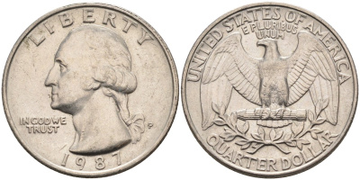 США 25 центов = квотер 1987 P, Вашингтон KM A164a медь плакированная медно-никелем 4584-1236