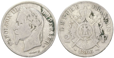 Франция 2 франка 1866 A, Наполеон III (1852-1870) KM 807.1 серебро 4044-431