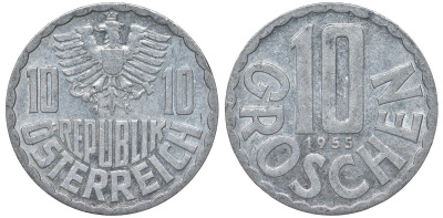 Австрия 10 грошей 1955 KM 2878 алюминий 4164-363