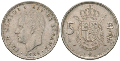 Испания 5 песет 1984 M, Хуан Карлос I (1975-2014) KM 823 медно-никель 4604-1111