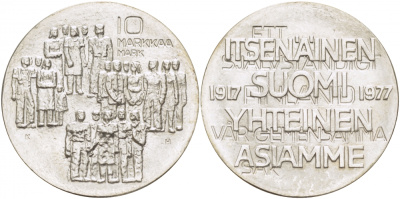 Финляндия 10 марок 1977 K-H, 60 лет независимости (1917-1977) KM 55 серебро UNC 1515-1422