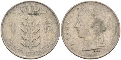 Бельгия 1 франк 1955 BELGIQUE KM 142.1 медно-никель 4592-533