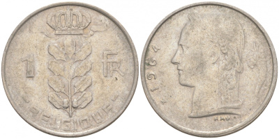 БЕЛЬГИЯ 1 ФРАНК 1964 BELGIQUE KM 142.1 медно-никель 68-335